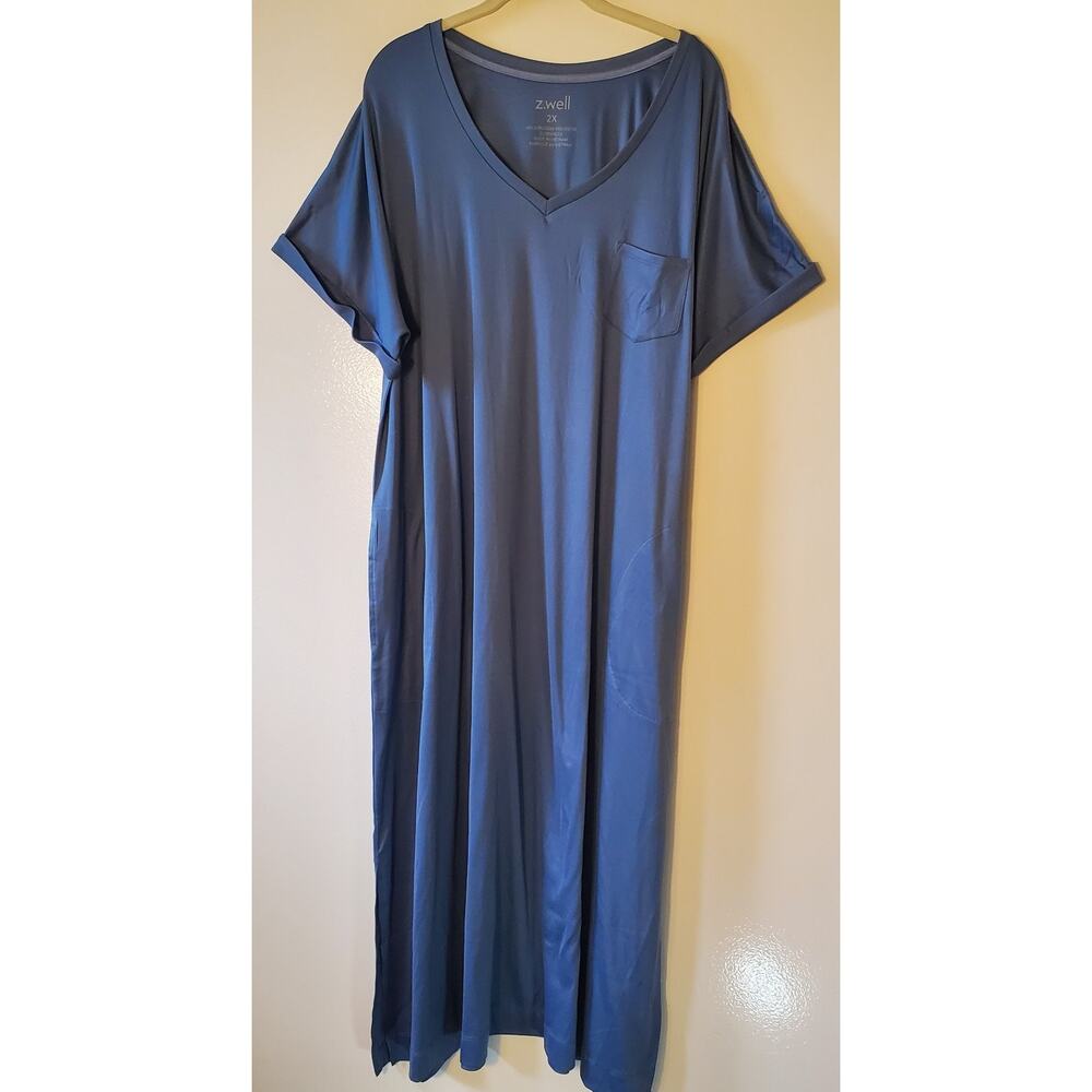 Z.Well 2XL Gray Blue Short Sleeve V-neck Knit T Shirt Maxi Dress Pockets Slits